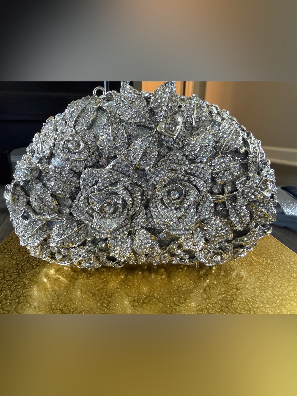 Crystal Rose Embellished Evening Clutch - Silver
